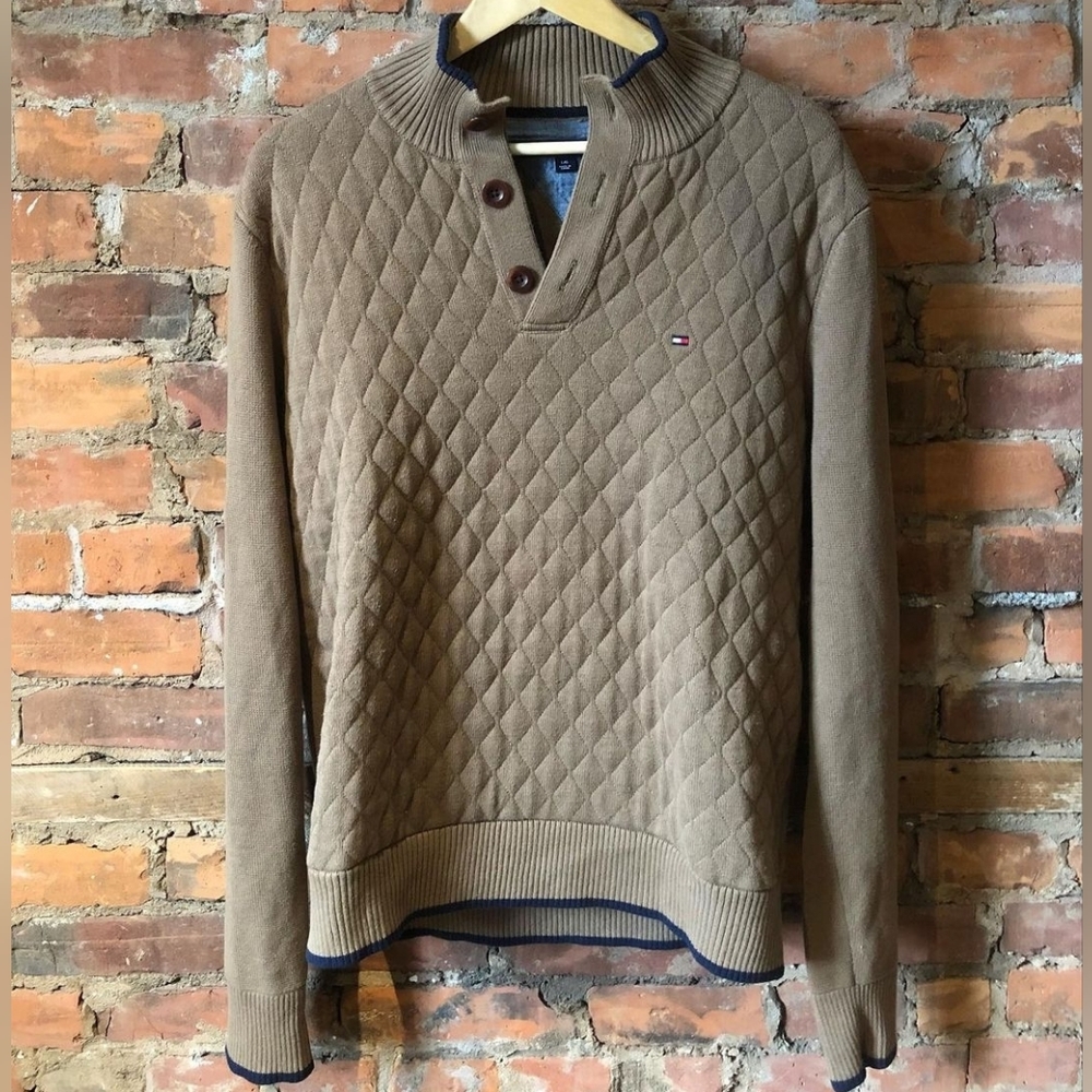 Tommy Hilfiger Sweater with Quilting and Ribbed Button Collar, Tan, S-M